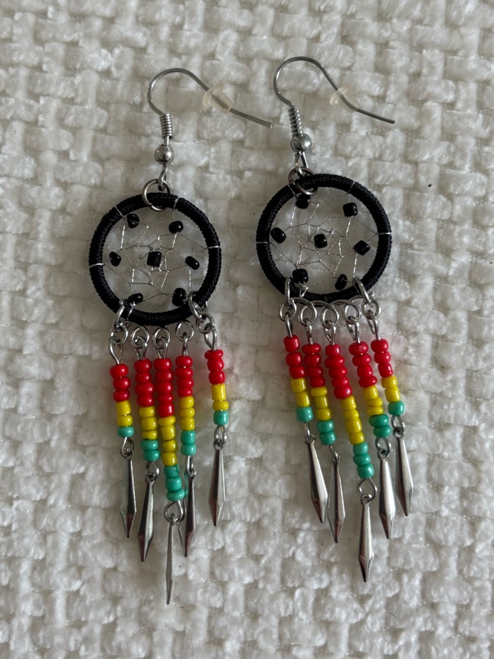 Boho Black Drop Earrings with Red, Yellow & Green Beads
